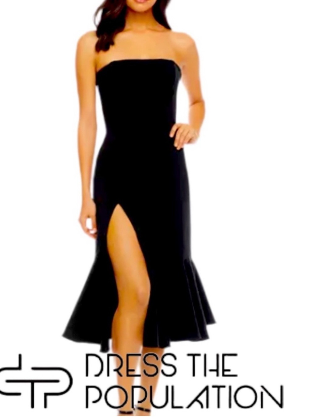 Dress the Population “Madison” Black Strapless High-Slit Midi Dress Size Medium